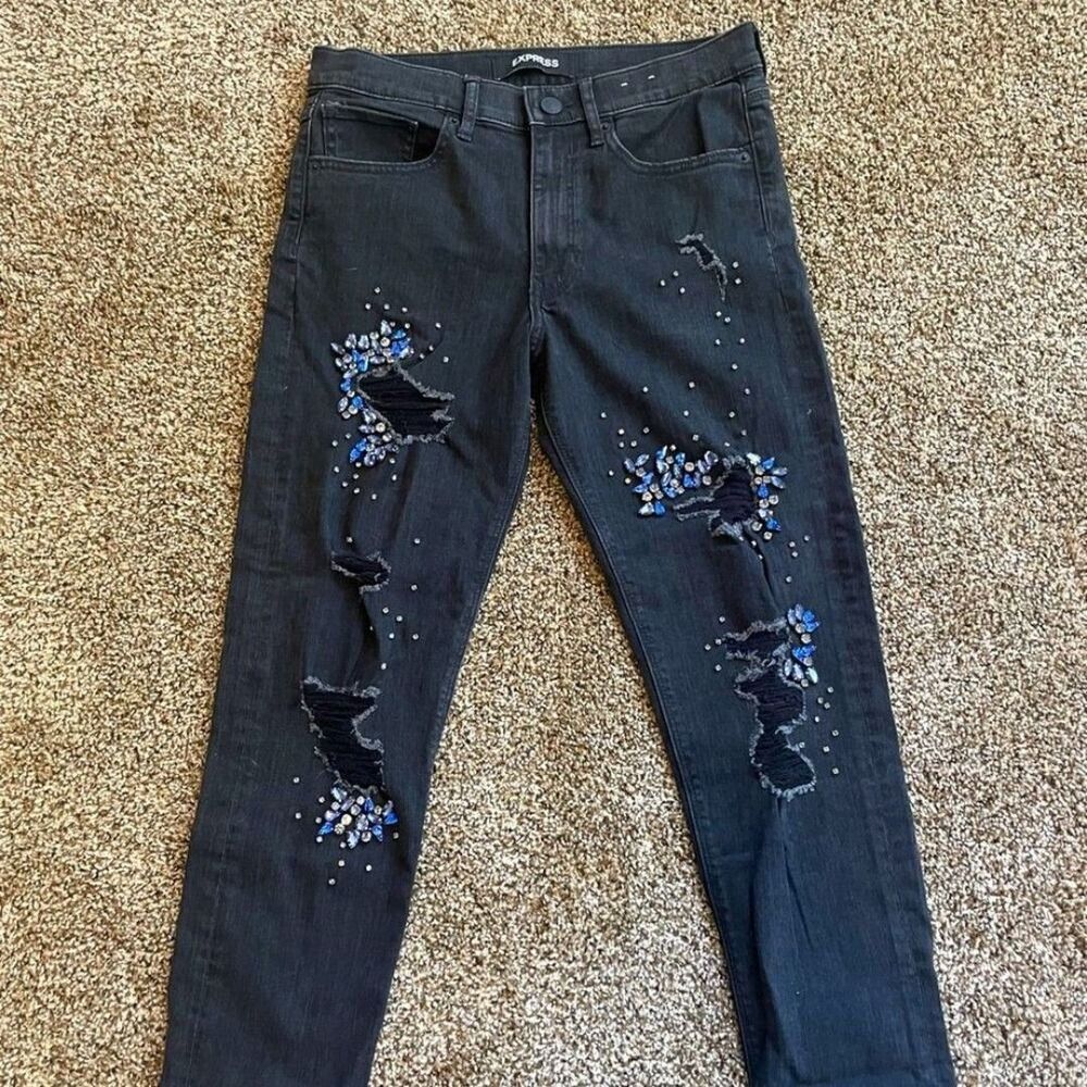 EXPRESS straight leg jeans Black Grey size 4 Jewel embellished Rugged Brand New